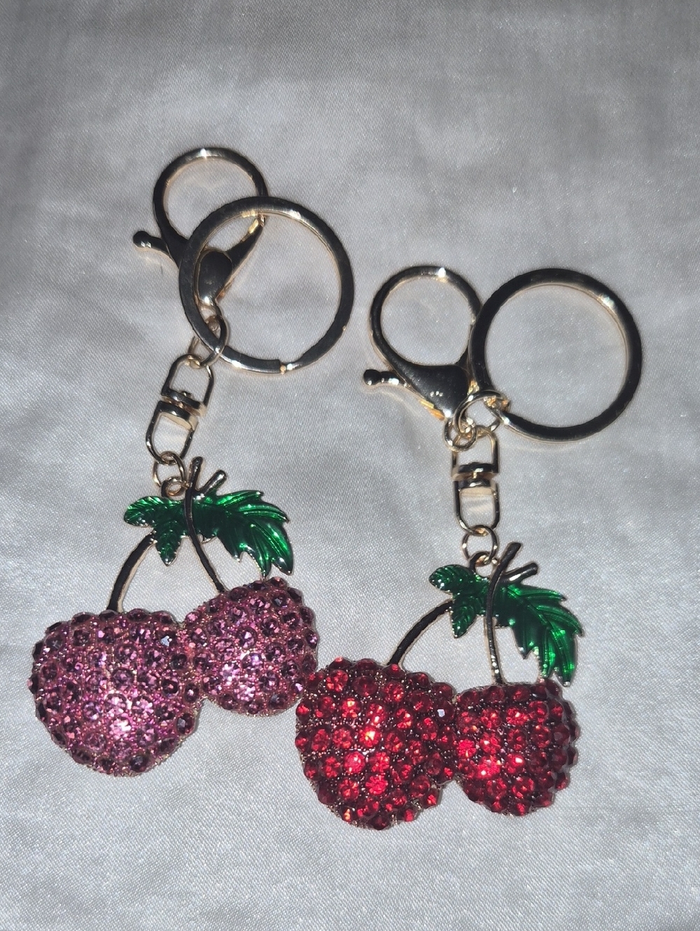 Rhinestone Cherry Keychain Pair - Pink & Red
